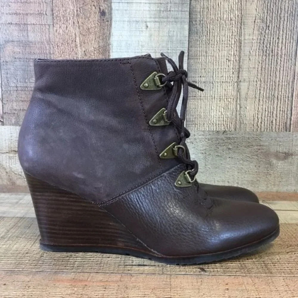 Franco Sarto Brown Leather Derby Wedge Ankle Booties‎ Womens 10 M Heeled Boots